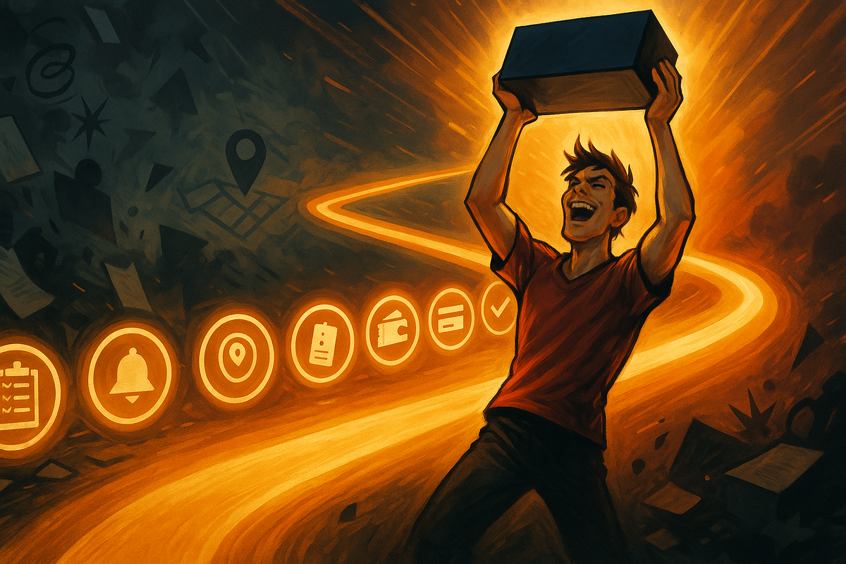 Blazing golden road of icons for alerts, location, ID, wallet, and payment leading to a shouting player lifting a console box in triumph—emotional 7-step journey from chaotic prep to Switch2 victory, full of energy and cathartic joy
