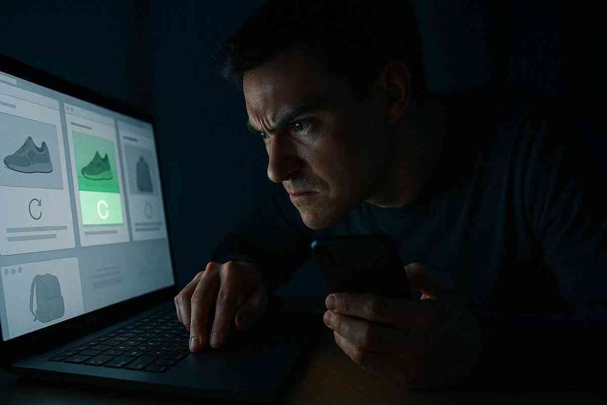 Angry man in a dark room glaring at his laptop while hammering refresh on an online shop, smartphone clenched in his hand—frustrated late-night hunt for Switch2 restocks on e-commerce sites, intense obsession and anxious determination
