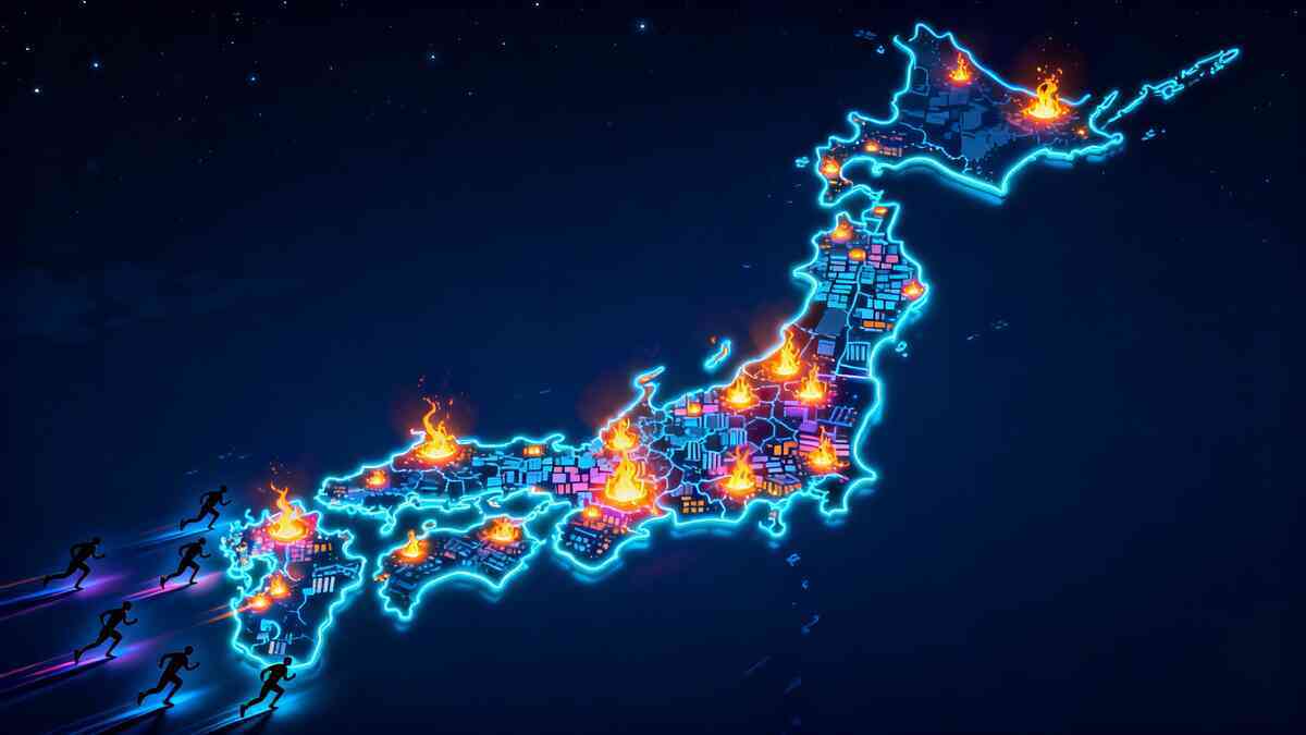 Glowing Japan map at night with fiery hotspots in each region, silhouettes sprinting toward the islands—epic nationwide Switch2 stock heatmap, showing where the battle is hottest and capturing the thrilling, competitive rush of console hunters