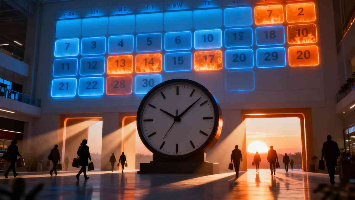 Huge neon calendar wall above a shopping mall, safe blue days and burning orange hot days, giant clock and sunrise silhouettes of shoppers walking toward the light—visualizing the best days and times to buy a Switch2 with urgent yet hopeful countdown vibes