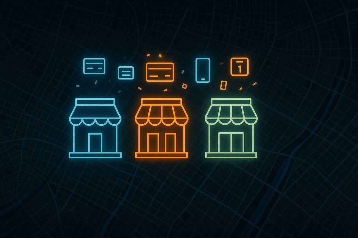 Three glowing neon storefront icons on a dark city map, each surrounded by credit-card, smartphone app, and notification symbols—clean comparison of major retailers for Switch2 in-store purchases, strategic and data-driven but full of excited gamer anticipation