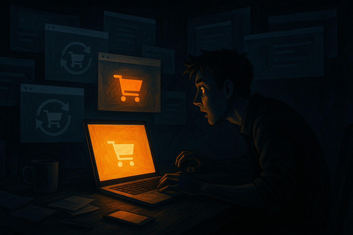 Alone at night in a dark room, shocked shopper lit only by a blazing orange shopping-cart icon on a laptop while endless faded tabs loop in the background—late-night online Switch2 hunt, frantic refresh marathon, intense mix of frustration and wild hope