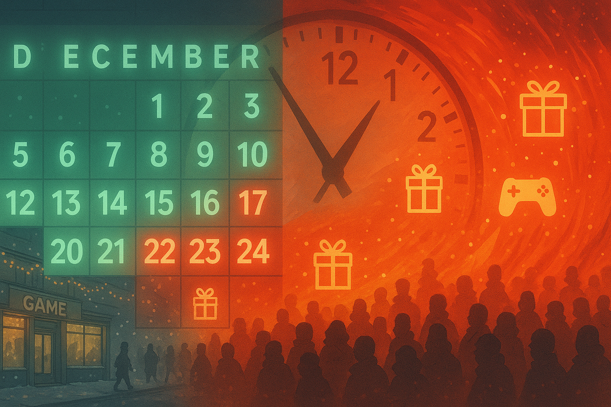 Split December calendar turning from calm green early days to fiery red dates near Christmas, giant clock swirling with gift and gamepad icons, crowd silhouettes gathering in front of a game store—emotional timeline of holiday Switch2 rush and last-minute panic