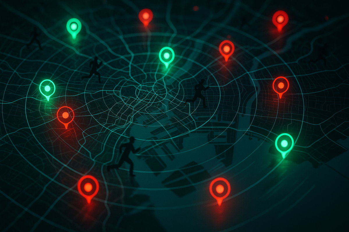 Glowing city map at night with red and green location pins and tiny runners—real-time hunt for stores that still have consoles, urgent radar-like energy, strategic stock-chasing vibe  