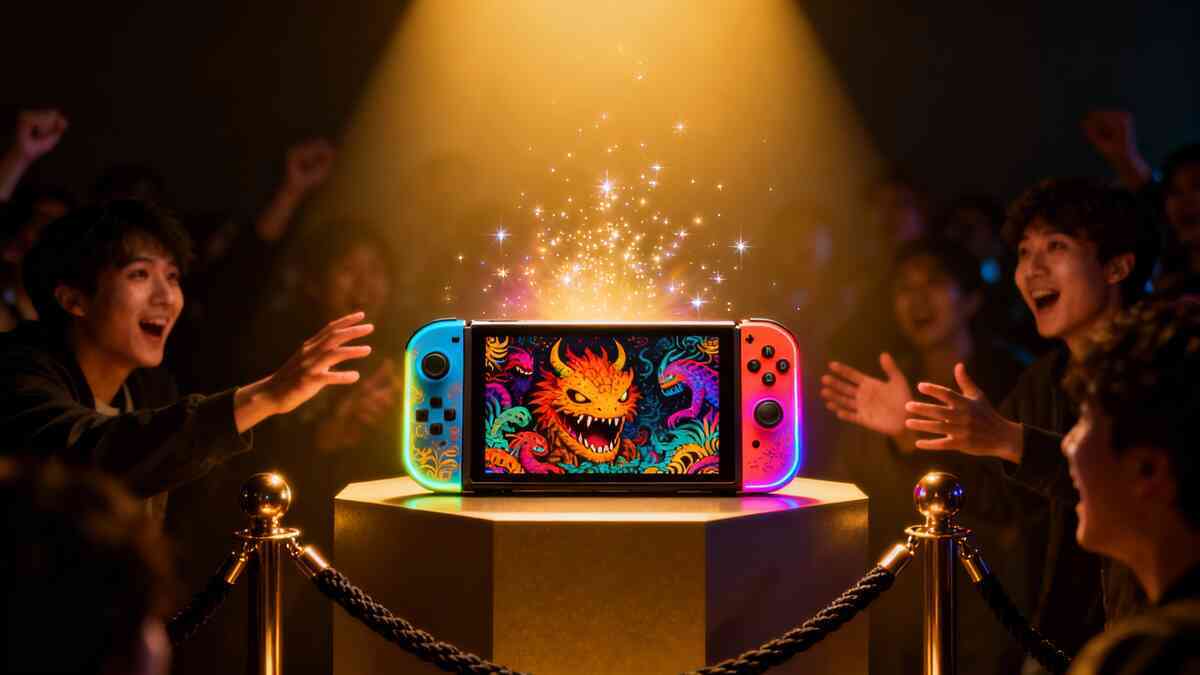 Crowd of thrilled fans around a glowing special-edition handheld console on a pedestal, magical sparks rising in the spotlight—rare limited model hype, pure excitement and desire in the air  