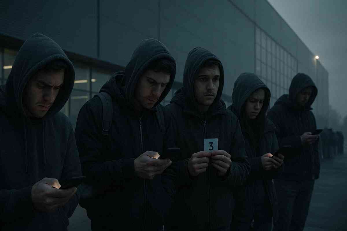 Foggy dawn queue outside a huge electronics store—hooded gamers staring at their glowing phones, one clutching a small “3” ticket with quiet desperation, cold blue light, heavy shortage anxiety and fragile hope about winning a controller lottery