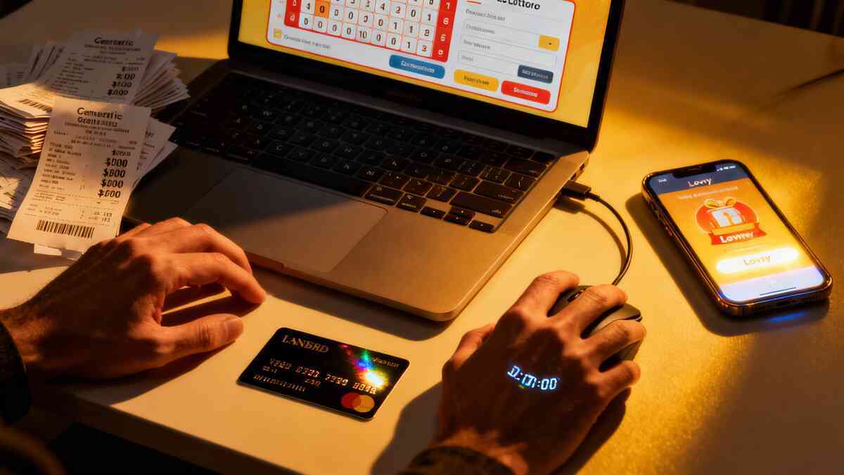 Warm desk lit by sunset glow—hands racing on a mouse in front of a lottery-style entry page, mountain of receipts and a shiny credit card nearby, smartphone loyalty app shining like a golden ticket, urgent countdown projected on the wrist, tense but hopeful spending energy