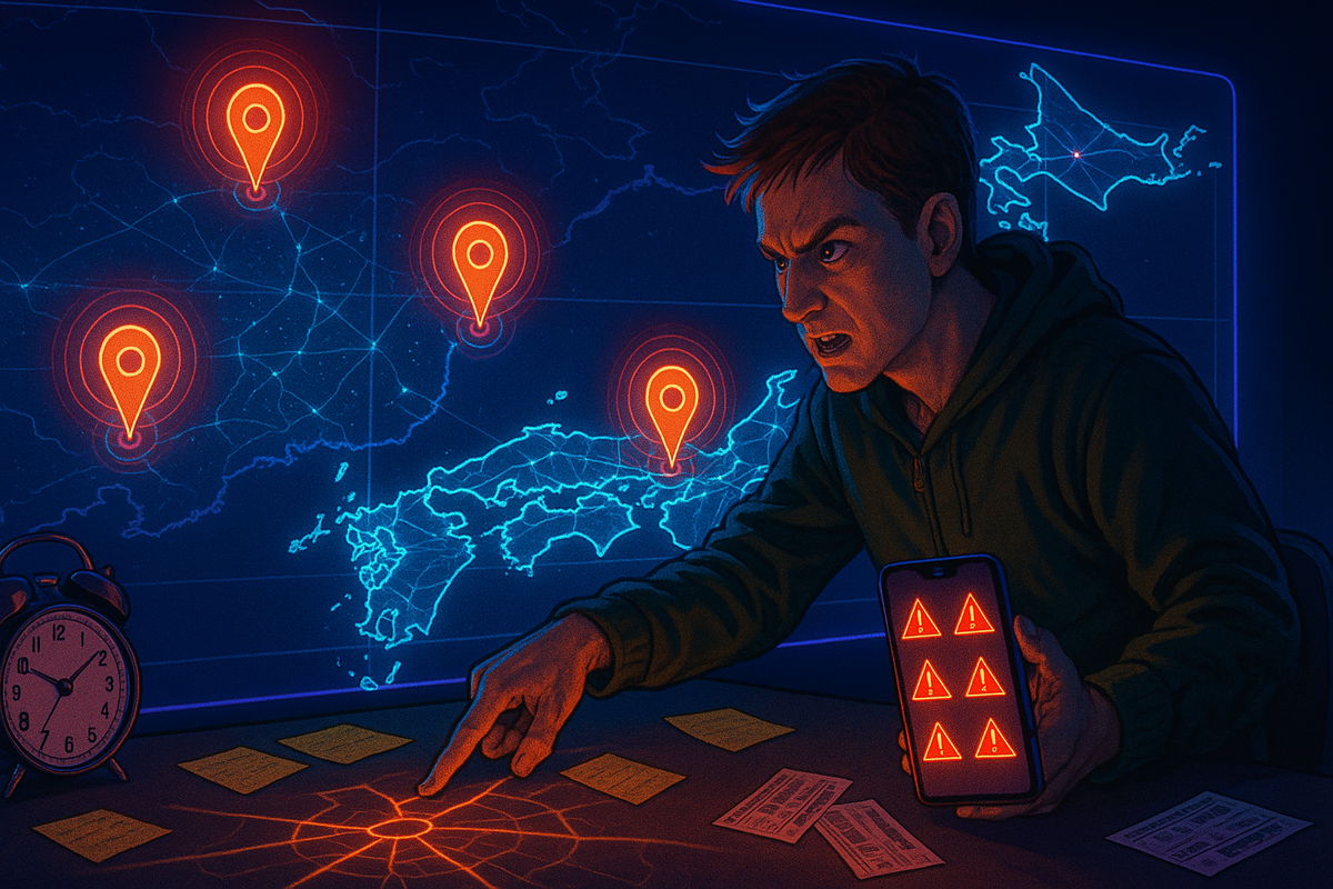 Intense command-center mood—frustrated gamer leaning over a dark desk covered in tickets and sticky notes, giant digital map of Japan glowing on the wall with pulsing red location pins, smartphone full of warning icons in hand, fierce determination to crack the secret restock pattern