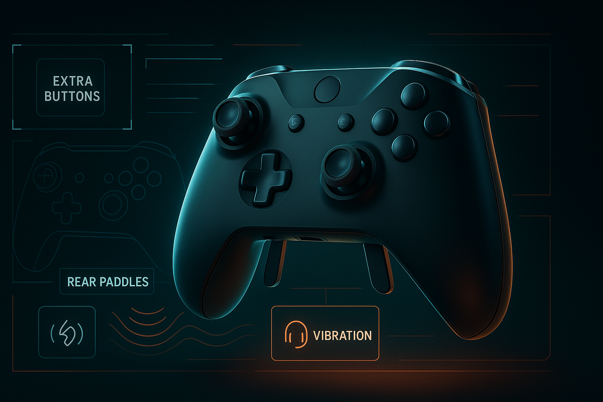 Sleek next-gen wireless game controller floating in deep teal darkness—UI overlays highlighting extra buttons, rear paddles, vibration waves and audio jack, moody rim light and soft shadows, luxurious tech-review atmosphere radiating power and precision control