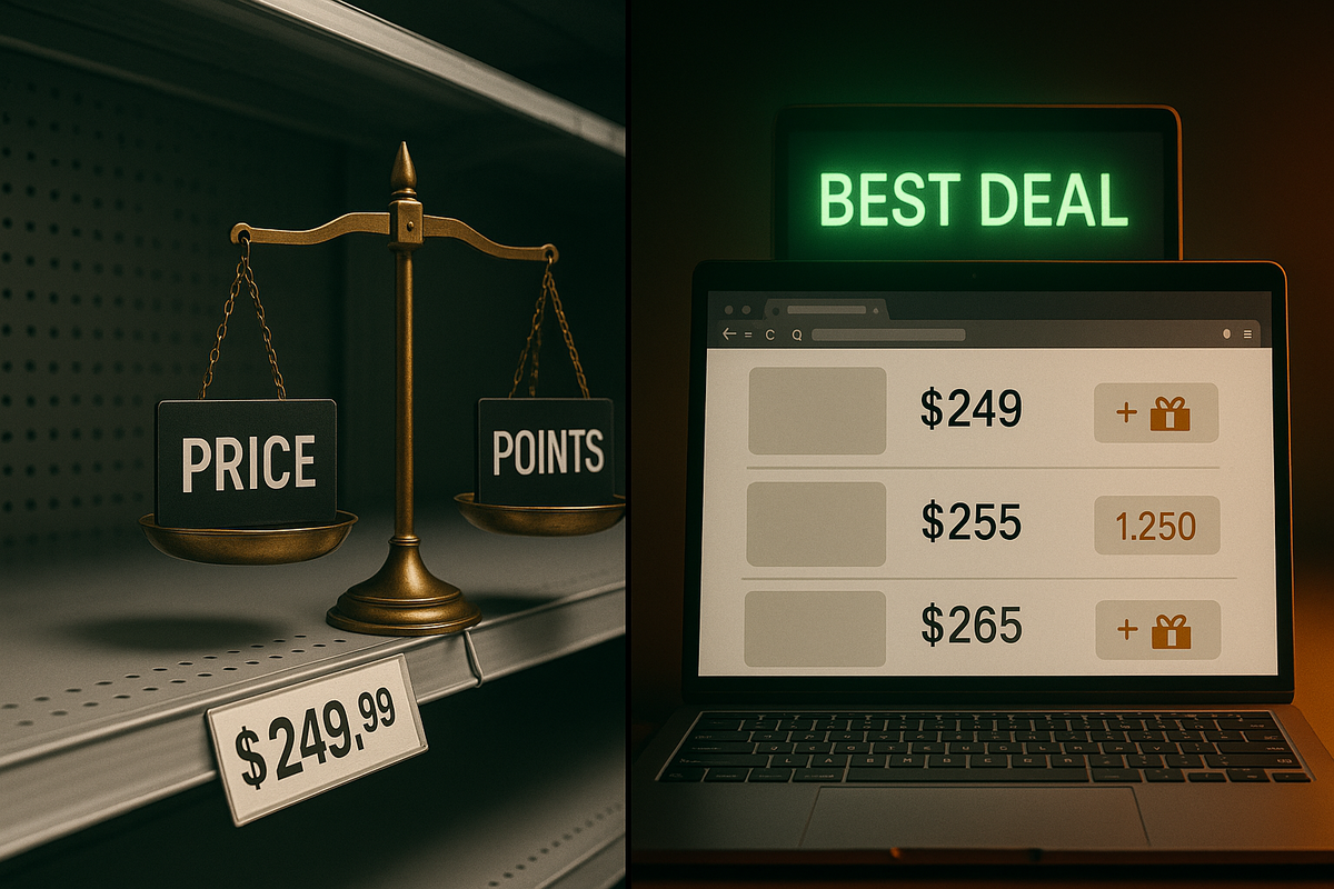 Side-by-side deal comparison—on the left, an old brass scale balancing “price” and “points” above an empty store shelf, on the right, a laptop showing different offer prices under a glowing “BEST DEAL” sign, analytical yet thrilling energy of hunting the smartest bargain