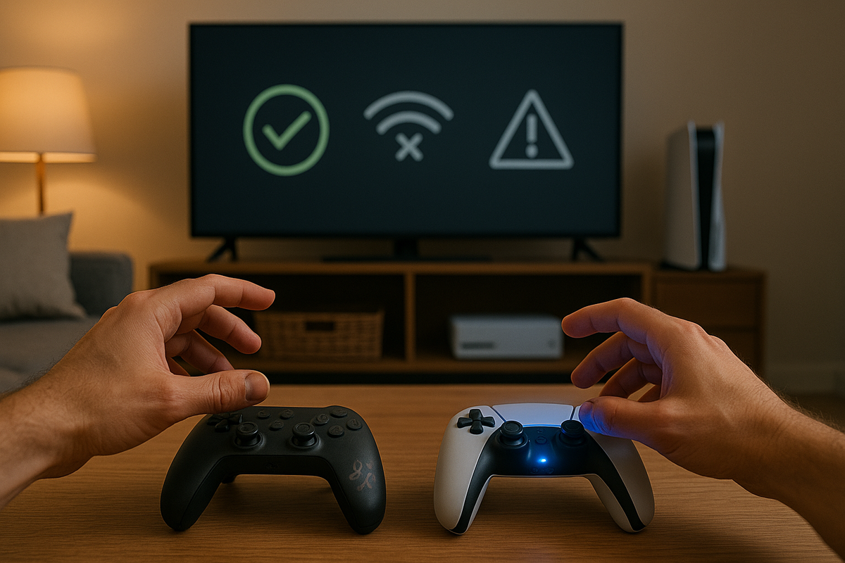 Cozy living room scene—two different game controllers resting on a wooden table as a player’s hands hesitate between them, TV in the background showing a green check mark, broken Wi-Fi icon and warning triangle, gentle evening light, emotional tension about compatibility and the right upgrade choice