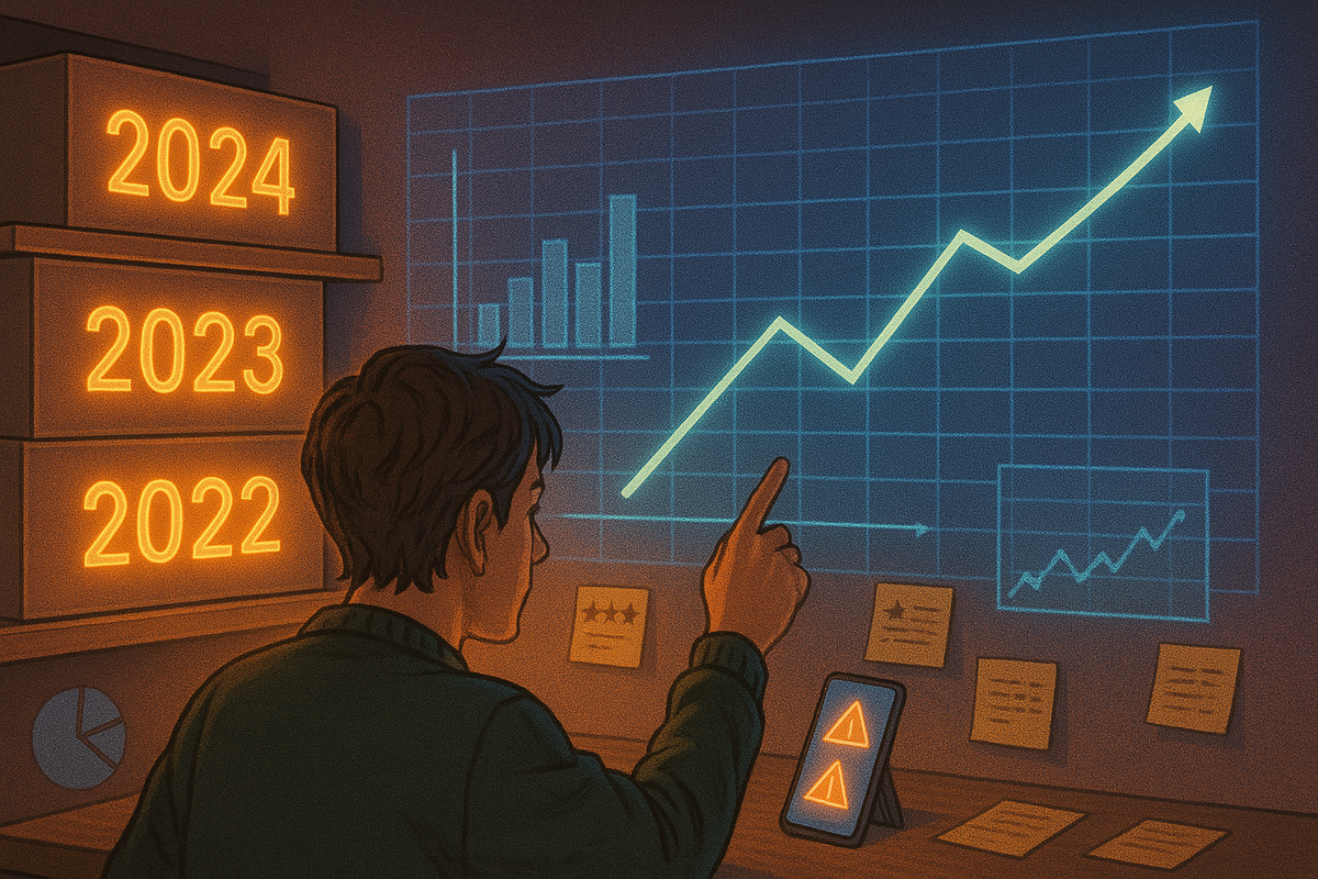 Person studying a giant blue graph on the wall with bold years 2022–2024 on stacked boxes, pointing at a sharp upward trend line surrounded by value charts and notes—calm data nerd vibe, long-term lucky-bag performance analysis, hopeful prediction mood  