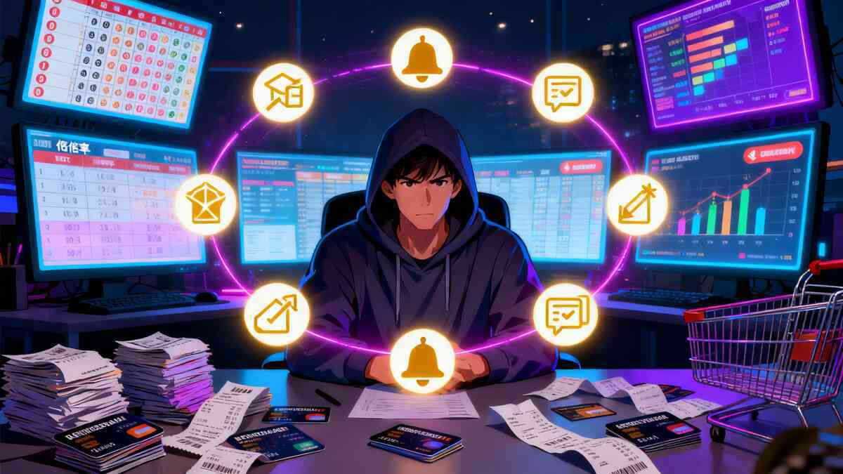 Anime-style strategist in a hoodie sitting at a cluttered desk at night, surrounded by neon trading-style monitors, piles of receipts and glowing icons for alerts, odds and strategy—intense focus, lottery hacker energy, determined to triple lucky-bag win rate  