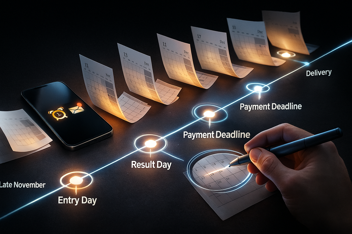 Sleek dark timeline glowing across a desk, tiny calendar pages rising like waves while a smartphone shows alarm and mail icons, hand circling an important date under magnifying glass—beautiful visual of entry day, result day and payment deadlines, zero-miss scheduling power  
