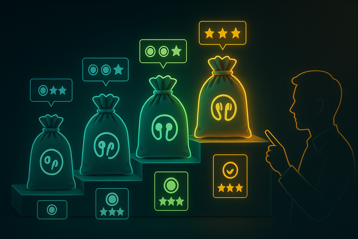Neon ranking podium of earphone lucky bags, smaller bags in cool green with modest star ratings and one big golden bag at the top glowing with three stars and check marks—clear price-tier comparison, visual best-buy highlight, satisfying decision moment  