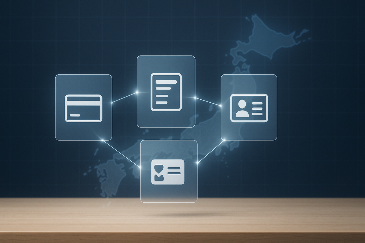 Minimalist Japan map behind floating ID, card, and form icons connected by light lines—organized precision, clarity, and calm strategy under digital glow.