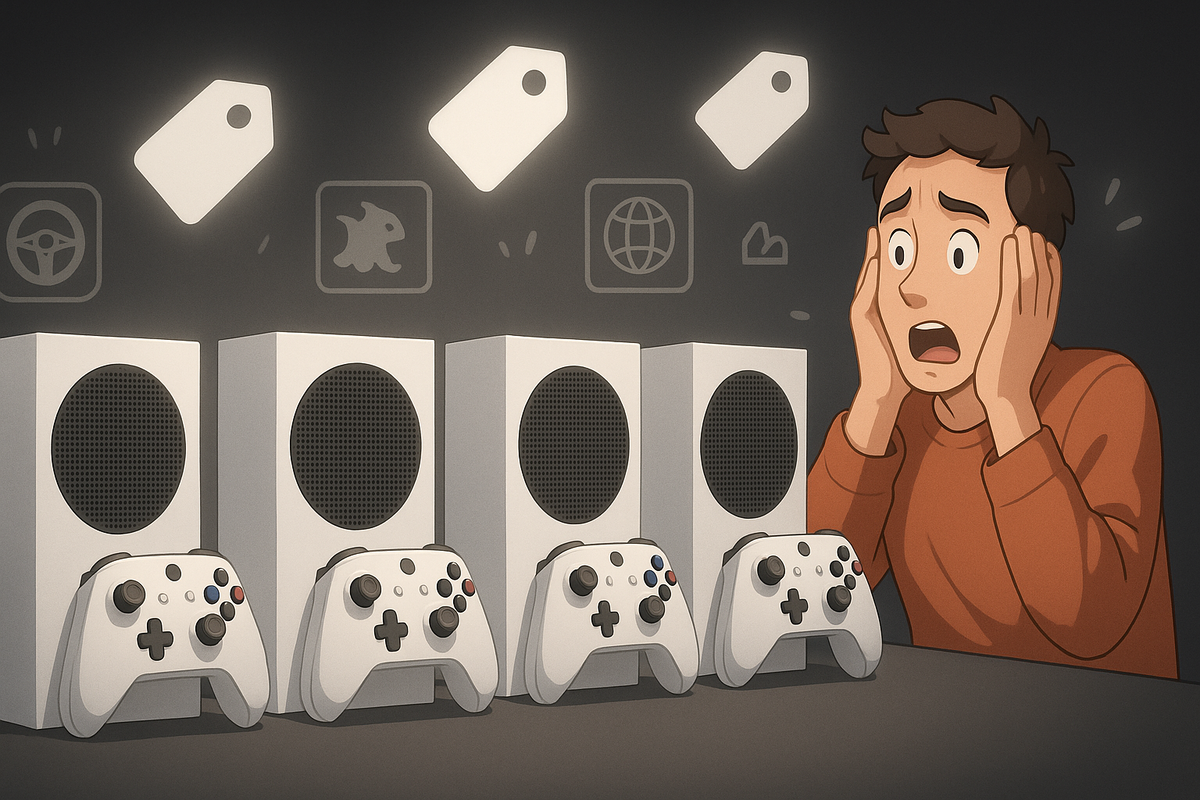 Cartoonish shock moment—buyer holding head in disbelief before rows of identical white consoles and controllers—price confusion, overload, and comic panic captured mid-thought.
