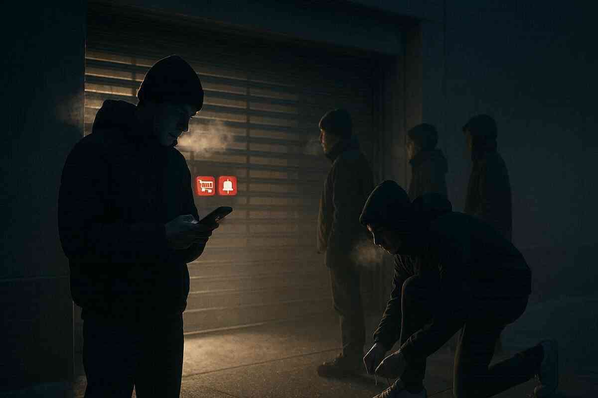 Pre-dawn stealth scene outside closed shutters, vapor rising, hooded buyers checking phones glowing with red cart and alert icons—quiet intensity, secretive anticipation, frost and focus.