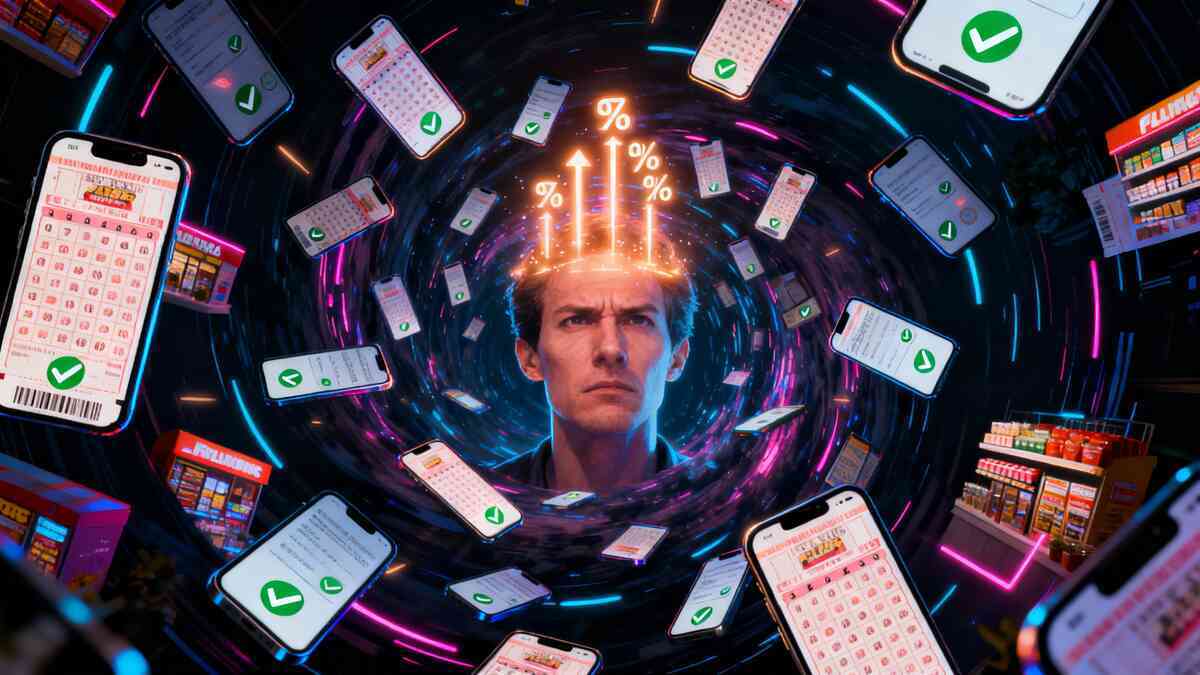 Futuristic swirl of digital lottery tickets and smartphones orbiting a focused face glowing with probability icons—hyper-concentration, data-driven hope, and euphoric determination in neon motion.
