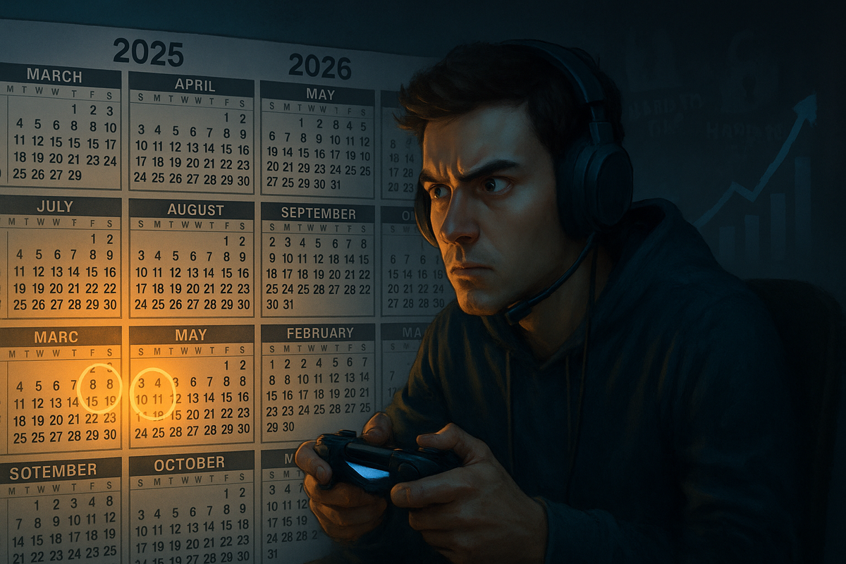 Serious gamer in headset staring at a huge 2025–2026 calendar with spring dates glowing—counting down to when Switch2 will finally be easy to buy, tense but hopeful anticipation