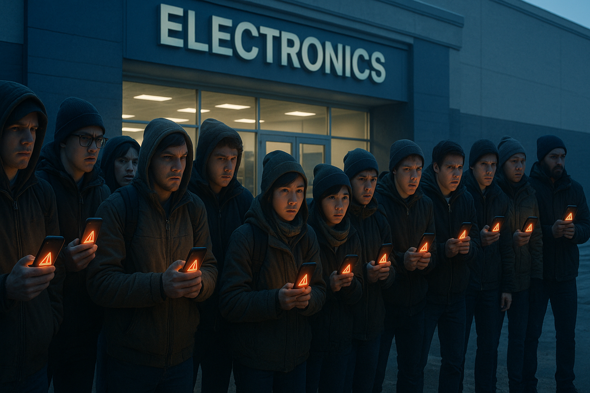Line of determined gamers in hoodies outside an electronics store at dawn, phones glowing with warning symbols—cold air, fierce competition, silent battle for scarce Switch2 stock