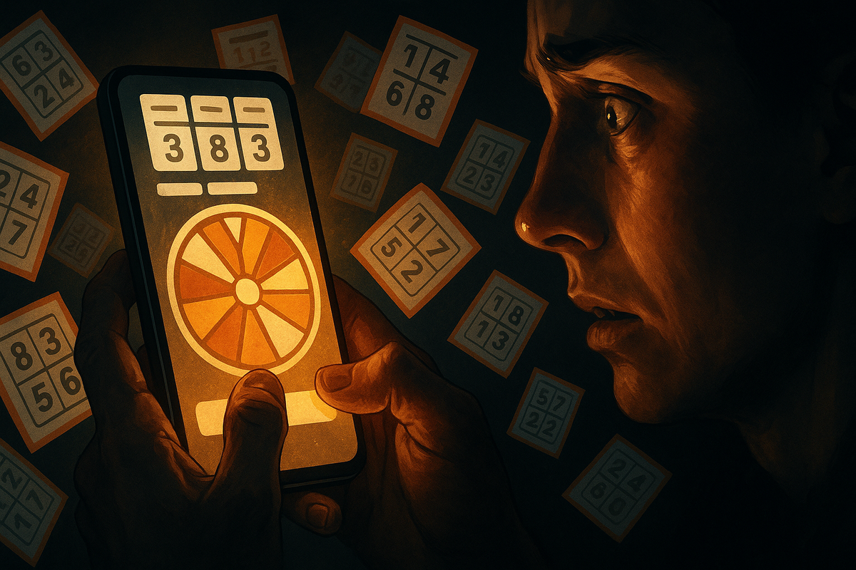 Close-up of trembling hands holding a smartphone lottery wheel, anxious face lit by orange glow—Switch2抽選 result about to appear, heart-pounding mix of fear, hope, and obsession