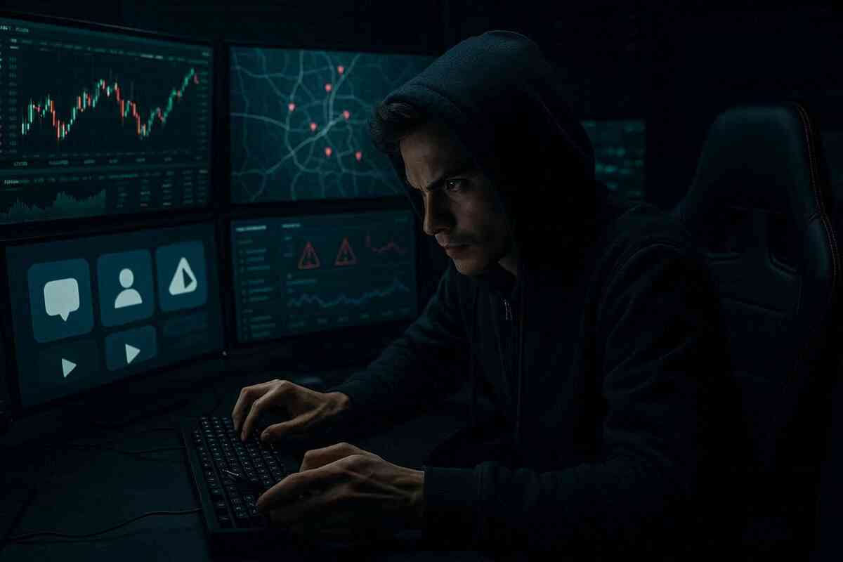 Hooded gamer in a dark command center surrounded by data screens, stock charts, and alert icons—pro-level Switch2 hunter using analytics, maps, and notifications to outsmart the crowd