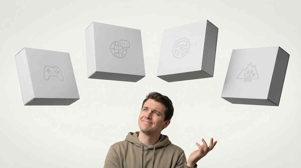 Confused gamer shrugging under four floating plain console boxes with subtle icons—struggling to choose the best Switch2 bundle, playful but emotional moment of indecision and FOMO