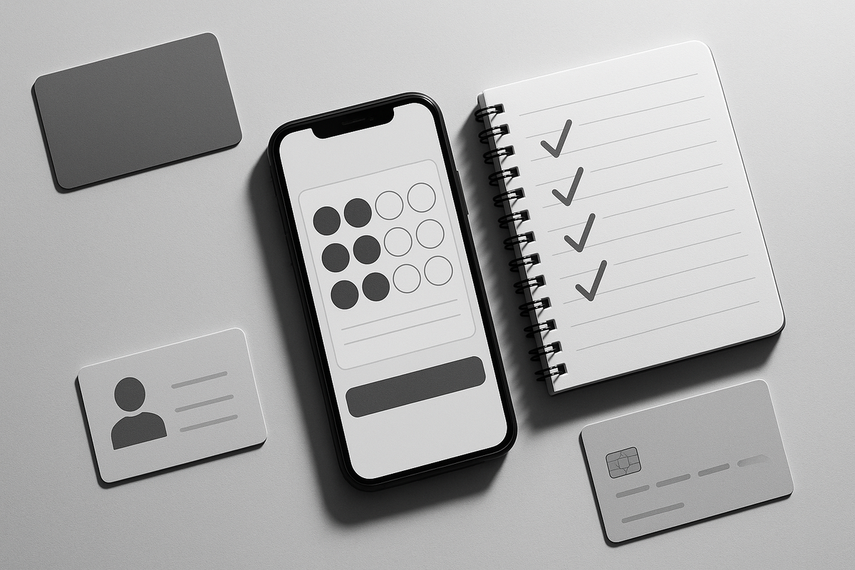 Monochrome flat-lay of smartphone lottery entry screen, checklist notebook with bold ticks, ID card and credit card neatly arranged—calm but slightly tense preparation for Yodobashi lucky bag application requirements, eligibility check, zero-mistake mindset  