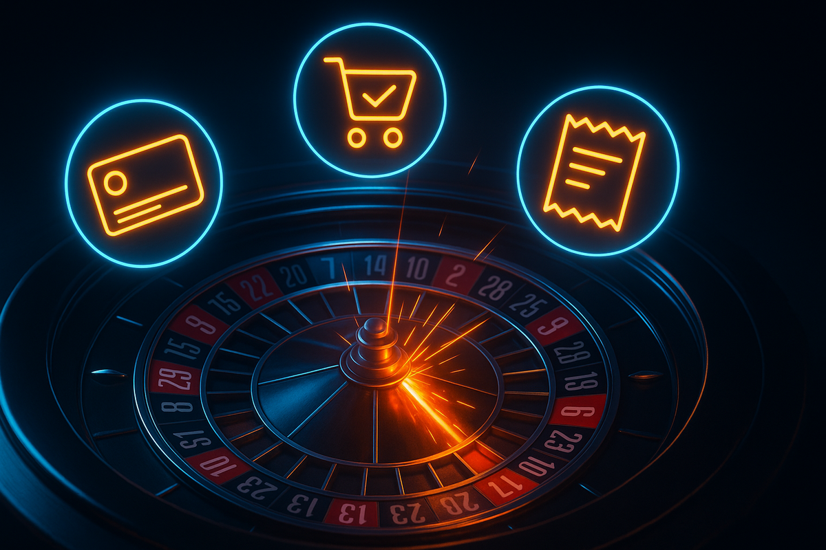 Dark roulette wheel sparking at the winning slot with three neon icons—loyalty card, shopping cart, and receipt—visualizing Yodobashi lucky bag lottery odds, boosted chances from purchase history, thrilling high-stakes but hopeful atmosphere  