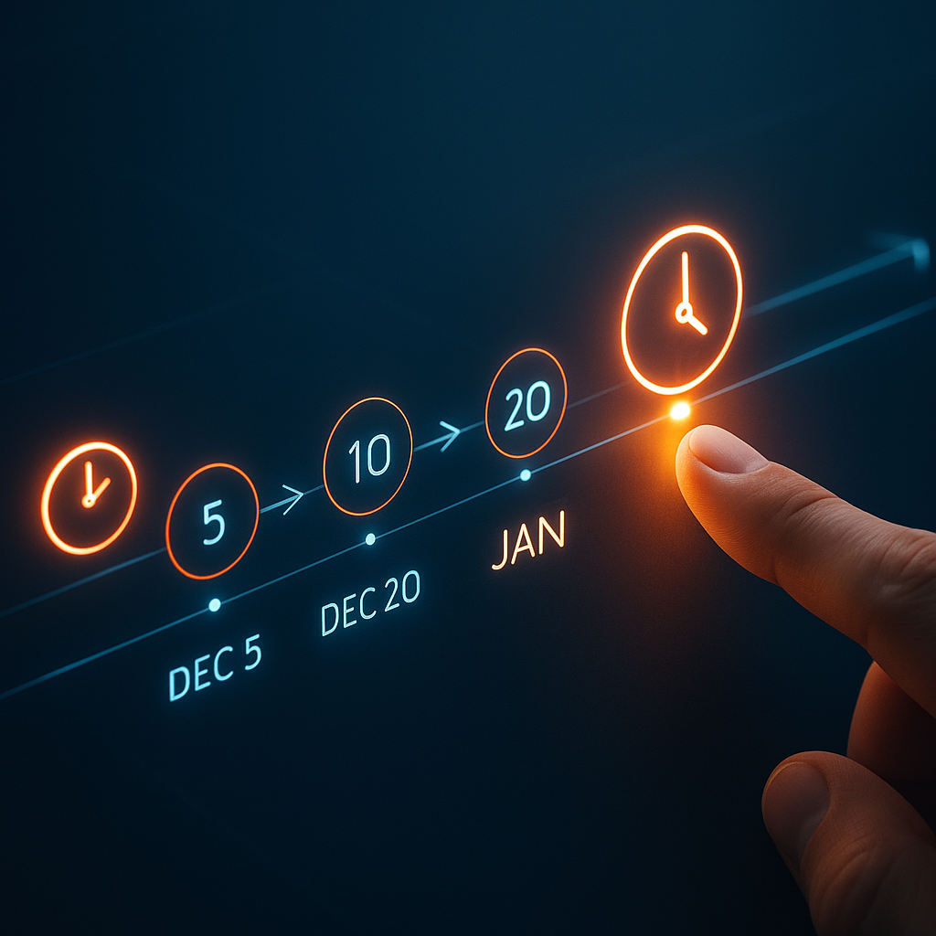 Futuristic blue timeline from early December to January with glowing date circles and a finger tapping a bright clock icon—Yodobashi lucky bag 2026 schedule, entry period and result announcement deadlines, urgent countdown tension and planning energy  