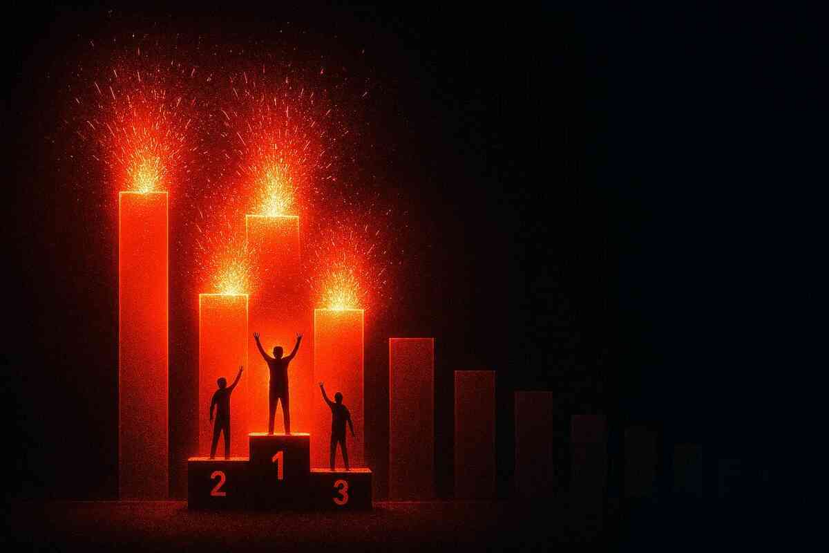 Dramatic bar chart in fiery red with three tallest columns exploding like fireworks and tiny winner silhouettes on a 1–2–3 podium—Yodobashi lucky bag category ranking, ultra-competitive versus easier odds, intense competition and triumphant victory vibes  