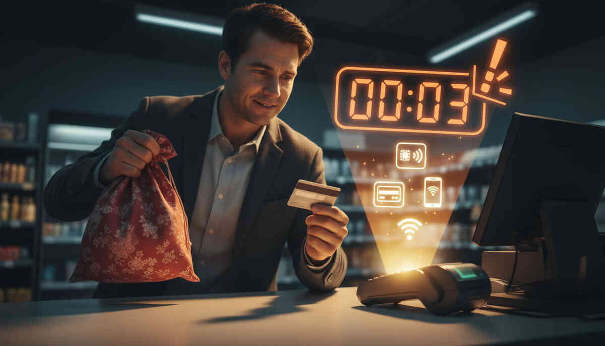 Man at a convenience-style counter gripping a patterned lucky bag and credit card while a huge digital countdown “00:03” and payment icons glow in front of him—Yodobashi lucky bag payment deadline pressure, last-minute checkout thrill, mix of anxiety and relief  