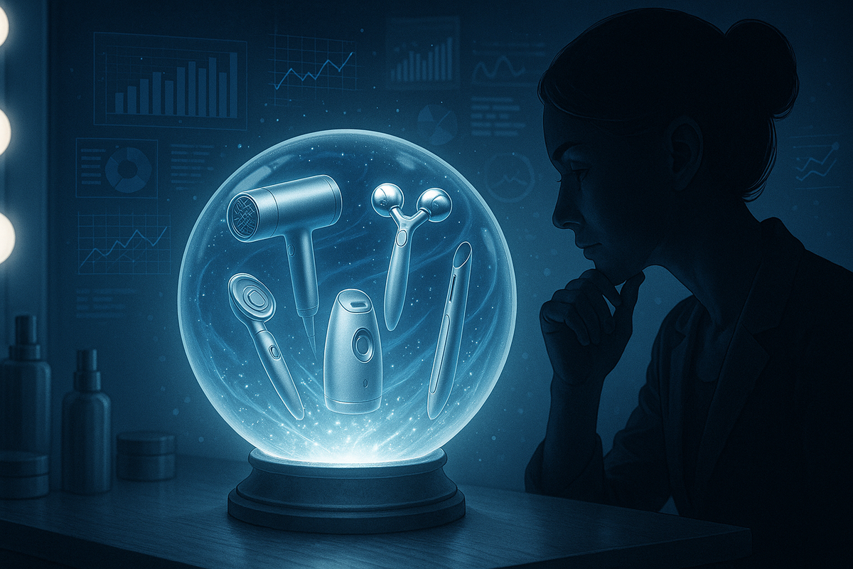 Beauty expert in deep blue light staring into a crystal ball filled with floating hair dryer, roller, facial steamer and sleek gadgets—data charts glowing softly in the background—mystical yet analytical prediction of 2026 Yodobashi beauty gadget lucky bag contents, dreamy forecast mood  