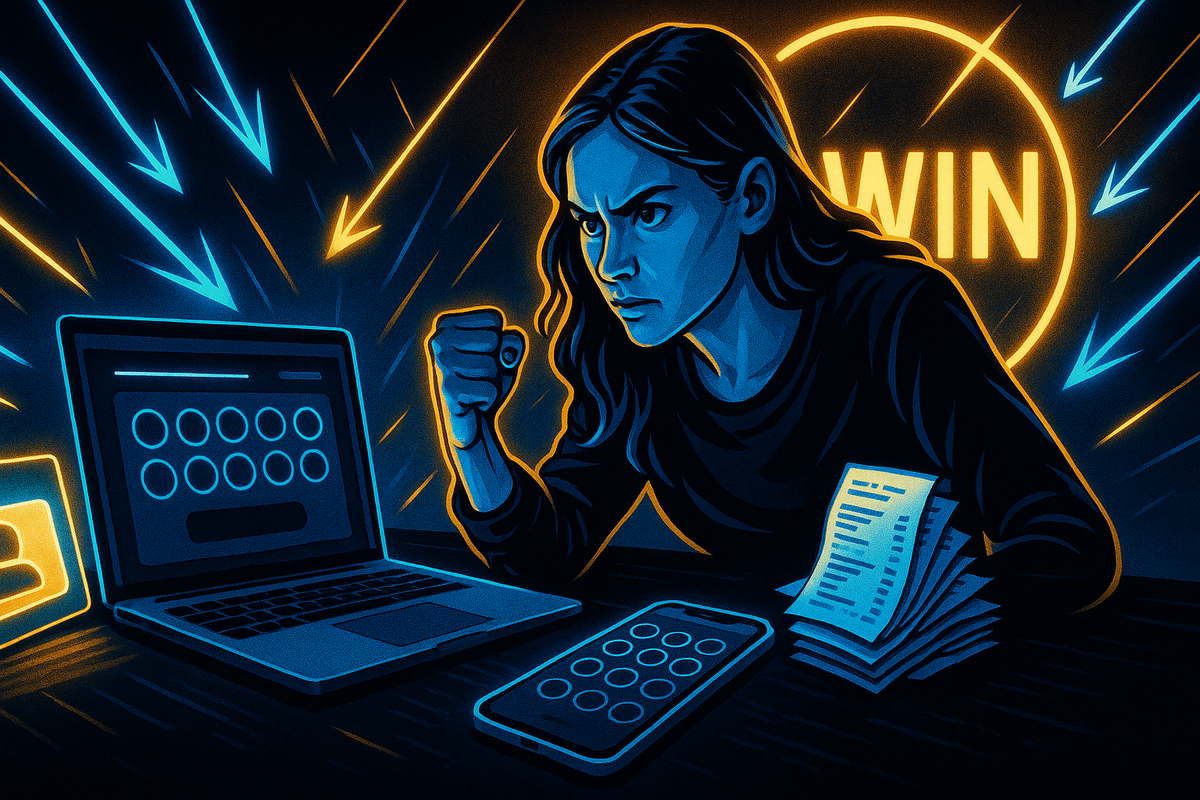 Intense woman at night lit by neon blue and orange, fist clenched in front of laptop and smartphone with lottery screen, stack of receipts by her side—arrows and a huge WIN halo crashing toward her—fierce determination to boost Yodobashi beauty lucky bag odds, raw fighting spirit and game-plan energy  