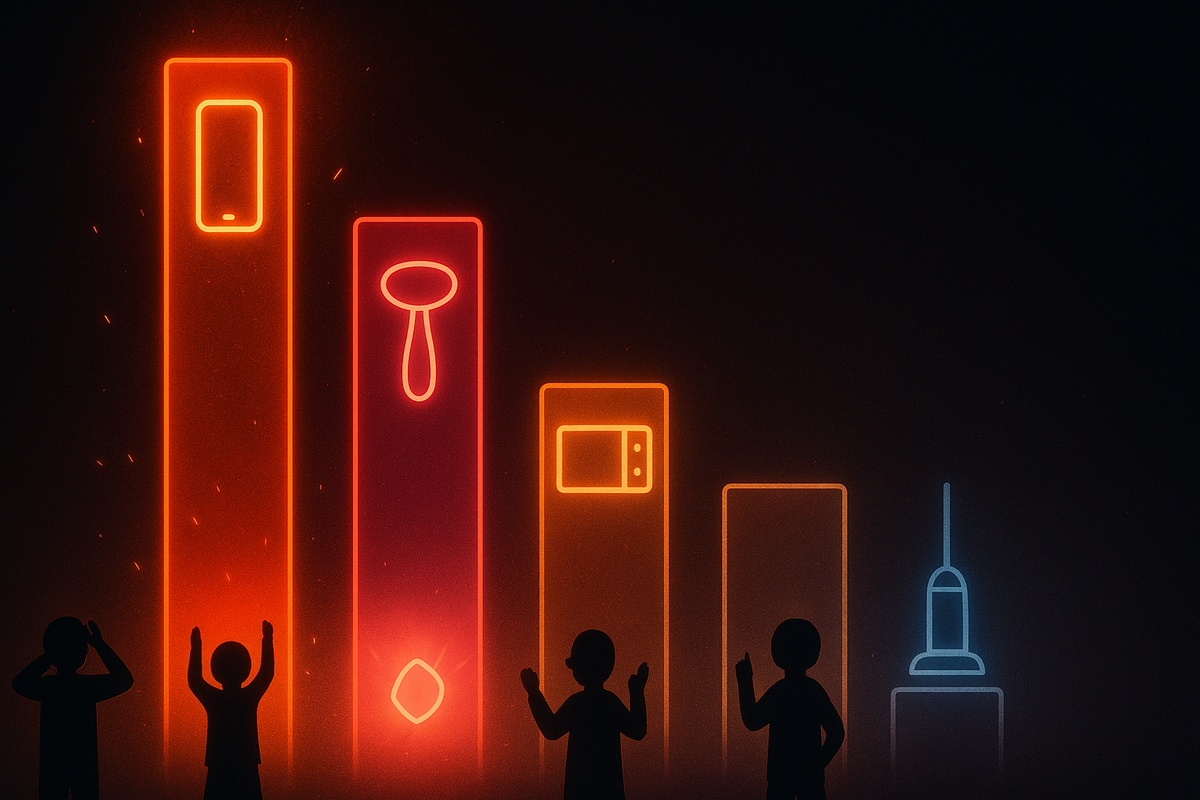 Neon bar chart in the dark with towering red columns for phones and game gear, warm glowing bar for beauty devices, and smaller bars for kitchen and cleaning appliances—tiny silhouettes reacting in shock and delight—visualizing lottery倍率, showing beauty gadget lucky bags as the sweet-spot hidden gem  