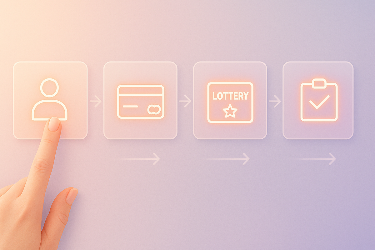 Soft pastel flowchart of glowing icons—user profile, credit card, LOTTERY ticket and final checkmark—in a gentle peach and lavender gradient, female finger tapping the first step—simple, stress-free step-by-step path to enter the Yodobashi beauty gadget lucky bag drawing, calm安心感 and guided action vibes  