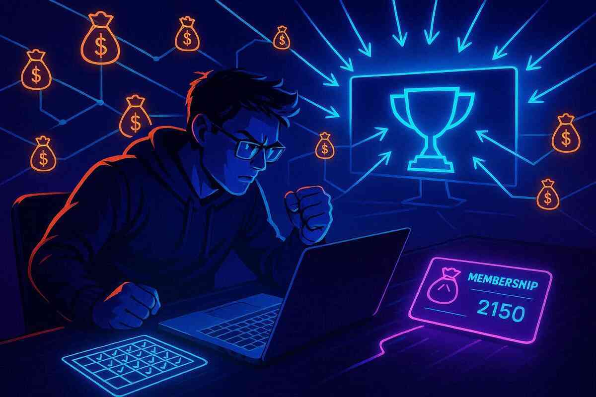 Focused gamer in a hoodie at a neon-lit laptop, membership points glowing, money-bag icons flowing like a network into a trophy-shaped monitor on the wall—strategic planning to boost lottery odds, hungry grind mindset for winning the Yodobashi gaming monitor lucky bag  