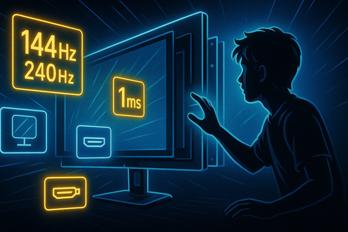 Silhouette of a gamer reaching toward a glowing monitor while neon spec tiles float around—144Hz, 240Hz, 1ms response, HDMI and DisplayPort icons—curious, excited deep dive into gaming monitor specs for choosing the perfect Yodobashi lucky bag prize  