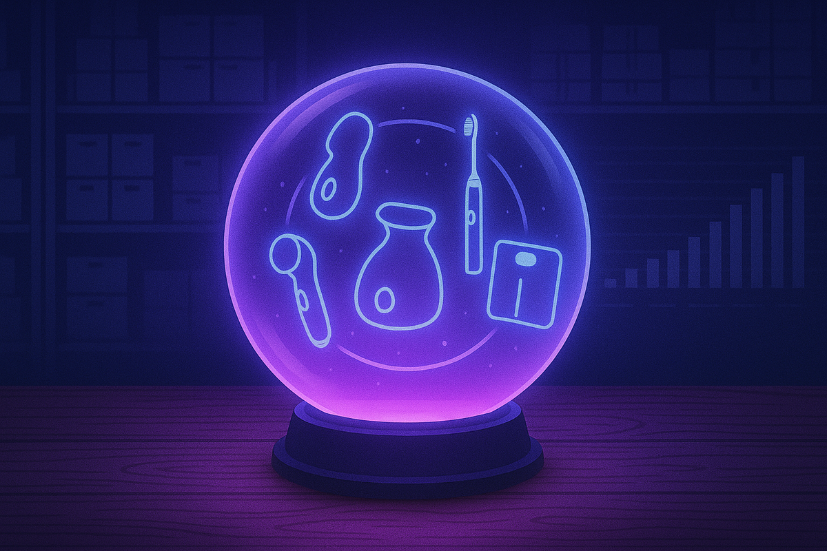 Neon crystal ball on a wooden desk in a dark stockroom, inside floating line-art icons of a facial massager, steamer, electric toothbrush and body scale—mysterious data-driven forecast of 2026 Yodobashi beauty and health lucky bag contents