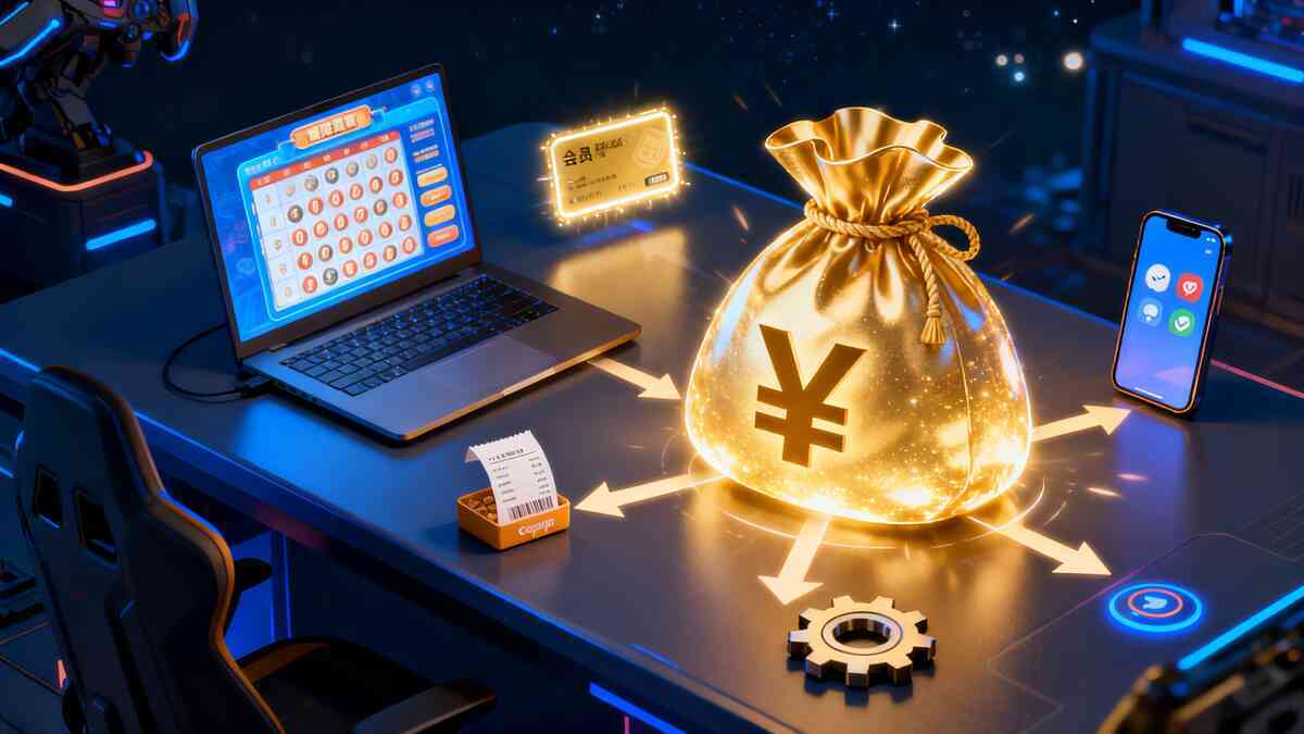 Futuristic strategy desk at night with a laptop lottery grid, sparkling membership card, smartphone apps and a giant golden yen money bag in the center with arrows—showing how cards, points and smart tactics all funnel into one massive lucky bag win