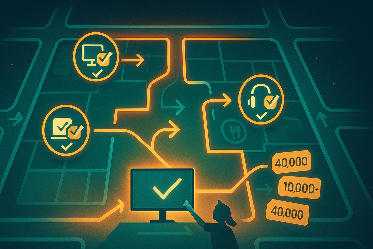 Stylized city map UI with neon routes branching toward three in-stock icons—gaming monitor, laptop, and headset—glowing price tags “40,000 / 10,000+ / 40,000,” strategic pathfinding for the smartest electronics hunt  