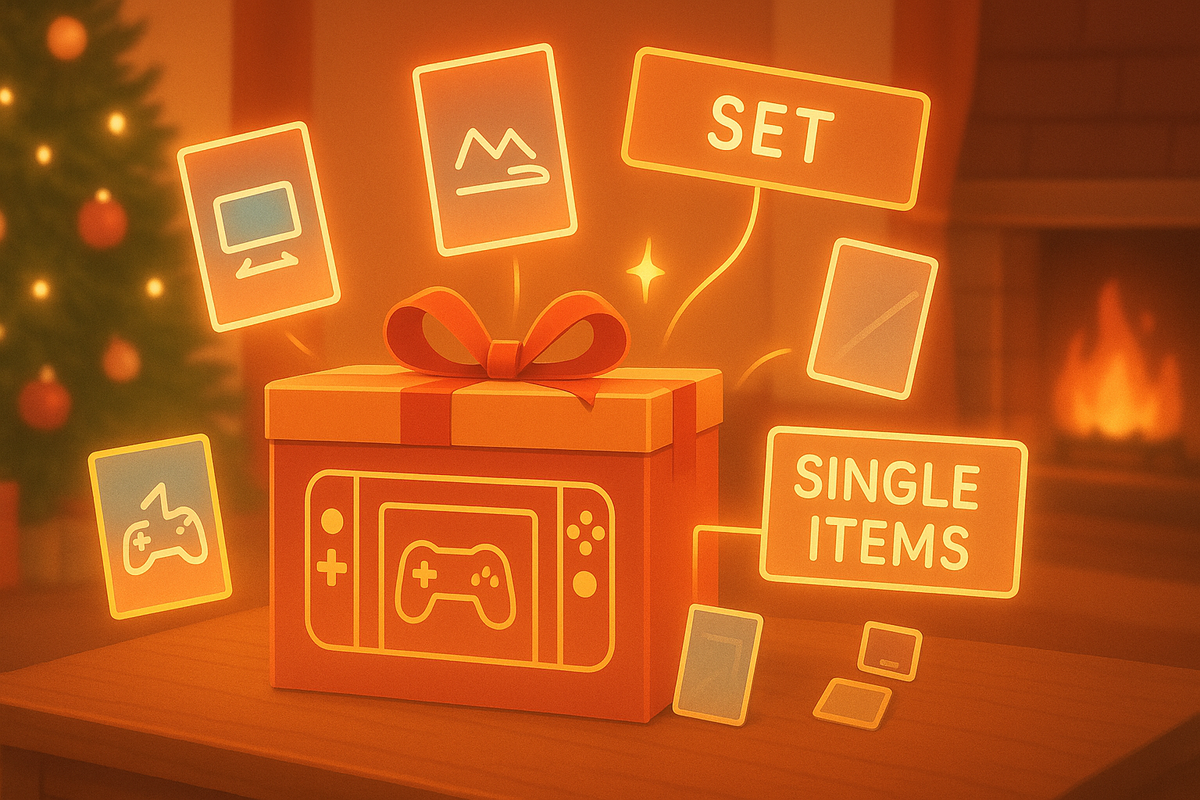 Warm holiday living room with fireplace and tree, giant game-console-themed gift box in the center, floating cards labeled “SET” and “SINGLE ITEMS” around it—heart-pounding choice between bundle deals and solo buys for the perfect present  