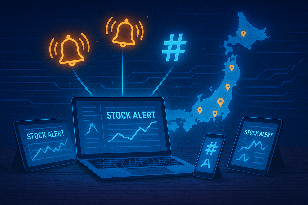 Dark desk lined with laptop, tablet, and smartphone screens all flashing “STOCK ALERT,” orange notification bells ringing above, digital Japan map dotted with location pins—real-time nationwide tracker for elusive console arrivals  