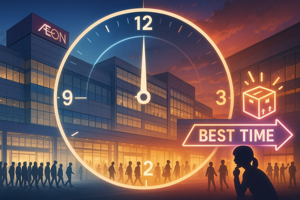 Sunset in front of a huge generic shopping mall, enormous translucent clock overlay and arrow marked “BEST TIME” aiming at a glowing delivery box—crowd silhouettes rushing in, visualizing the golden hour to secure a rare console drop  