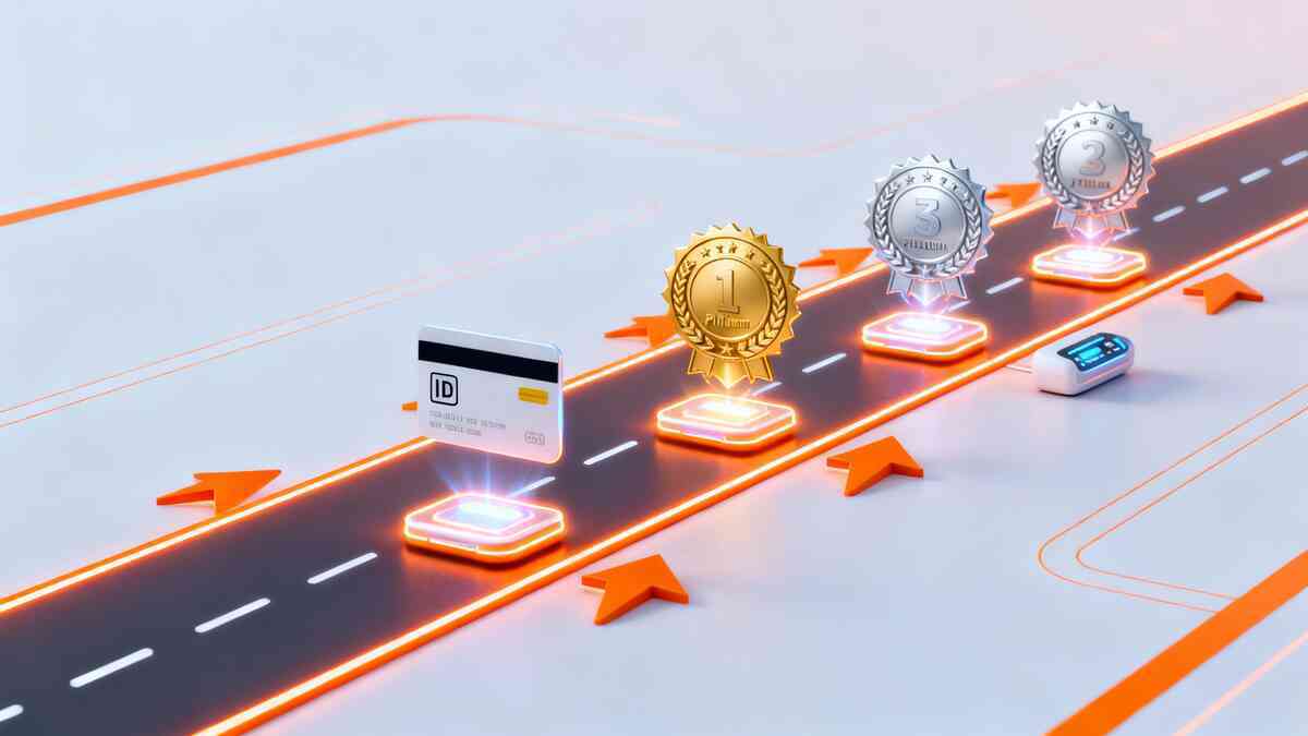 Minimalist white highway of neon arrows leading an ID card toward floating platinum, gold, and silver badges—sleek metaphor of fast-track membership ranks unlocking priority access to limited gaming stock  