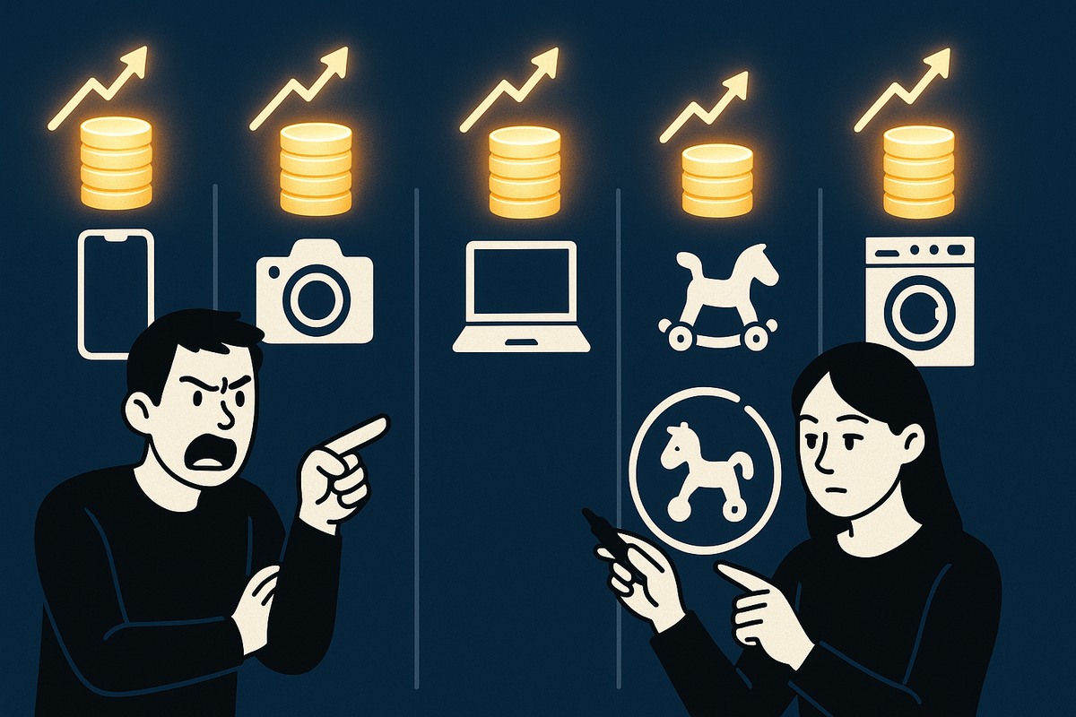 Fierce category battle—phones vs cameras vs laptops vs hobbies vs appliances—coin stacks rising, tension between shoppers, competitive energy and urgent decision-making