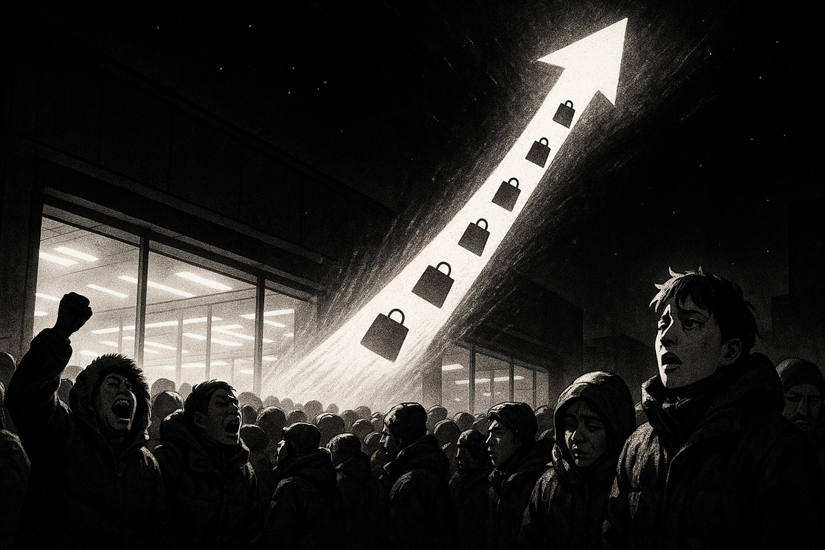 Intense midnight queue for lucky bags—crowds shouting in the cold, dramatic upward arrow of soaring demand, raw determination and survival-mode hype
