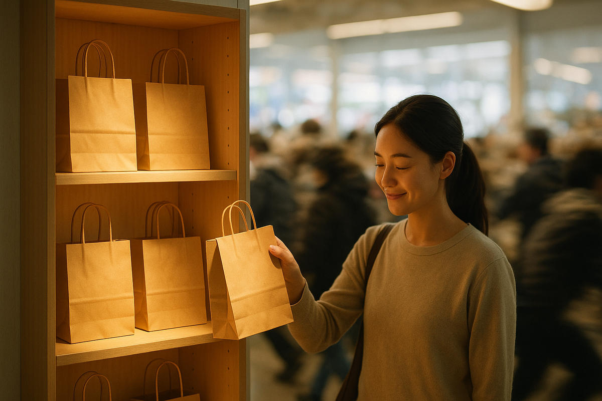 Hidden-gem lucky bag discovery—calm shopper finding a quiet win while chaos rushes behind her, hopeful smile, warm golden moment of good fortune