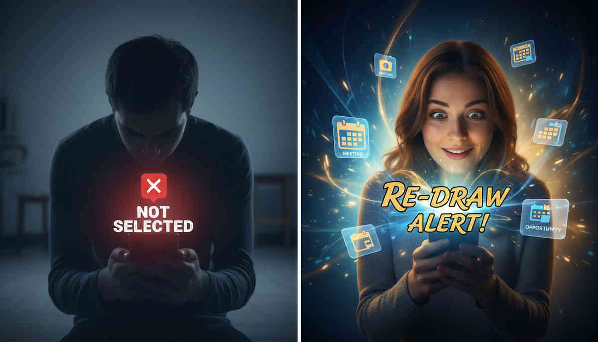 From heartbreak to hope—left: “not selected” despair in the dark; right: dazzling re-draw alert and bright opportunities exploding from the phone, emotional comeback